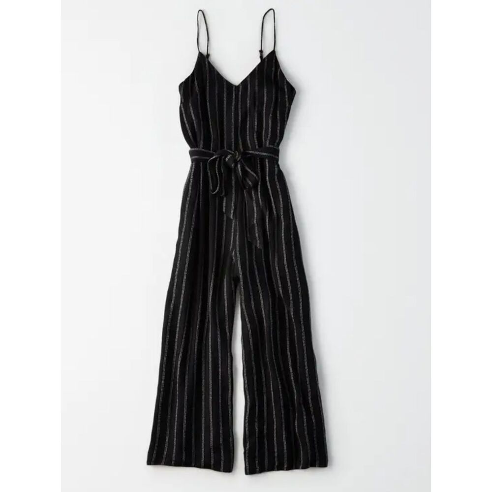American Eagle Pinstripe Spaghetti Strap Relaxed-Fit Jumpsuit Black White Small